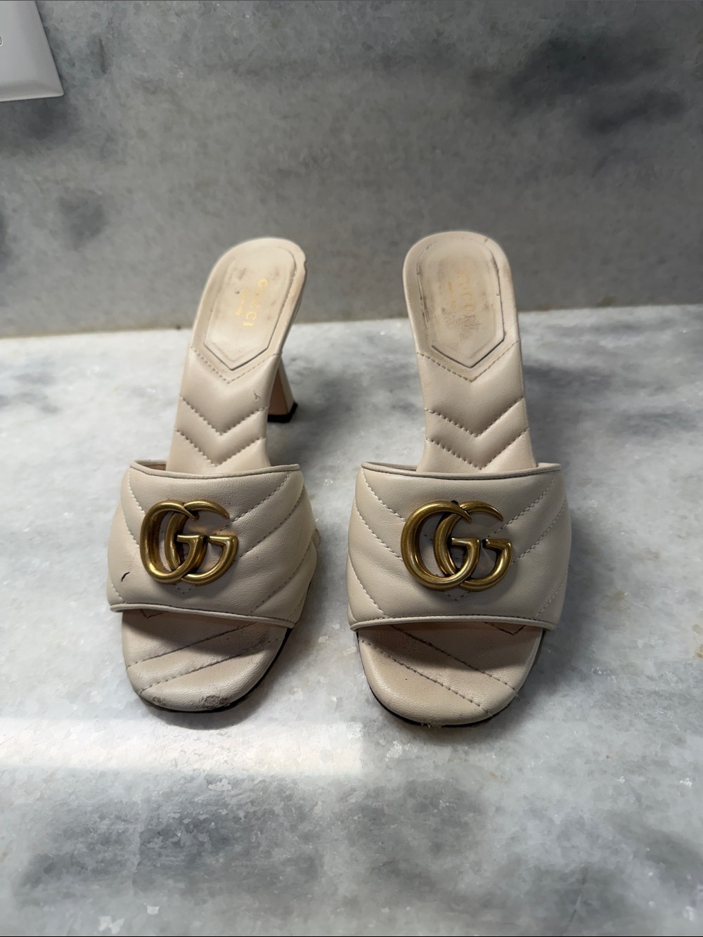 Gucci Beige Quilted Leather Slide Mules with Gold Double G